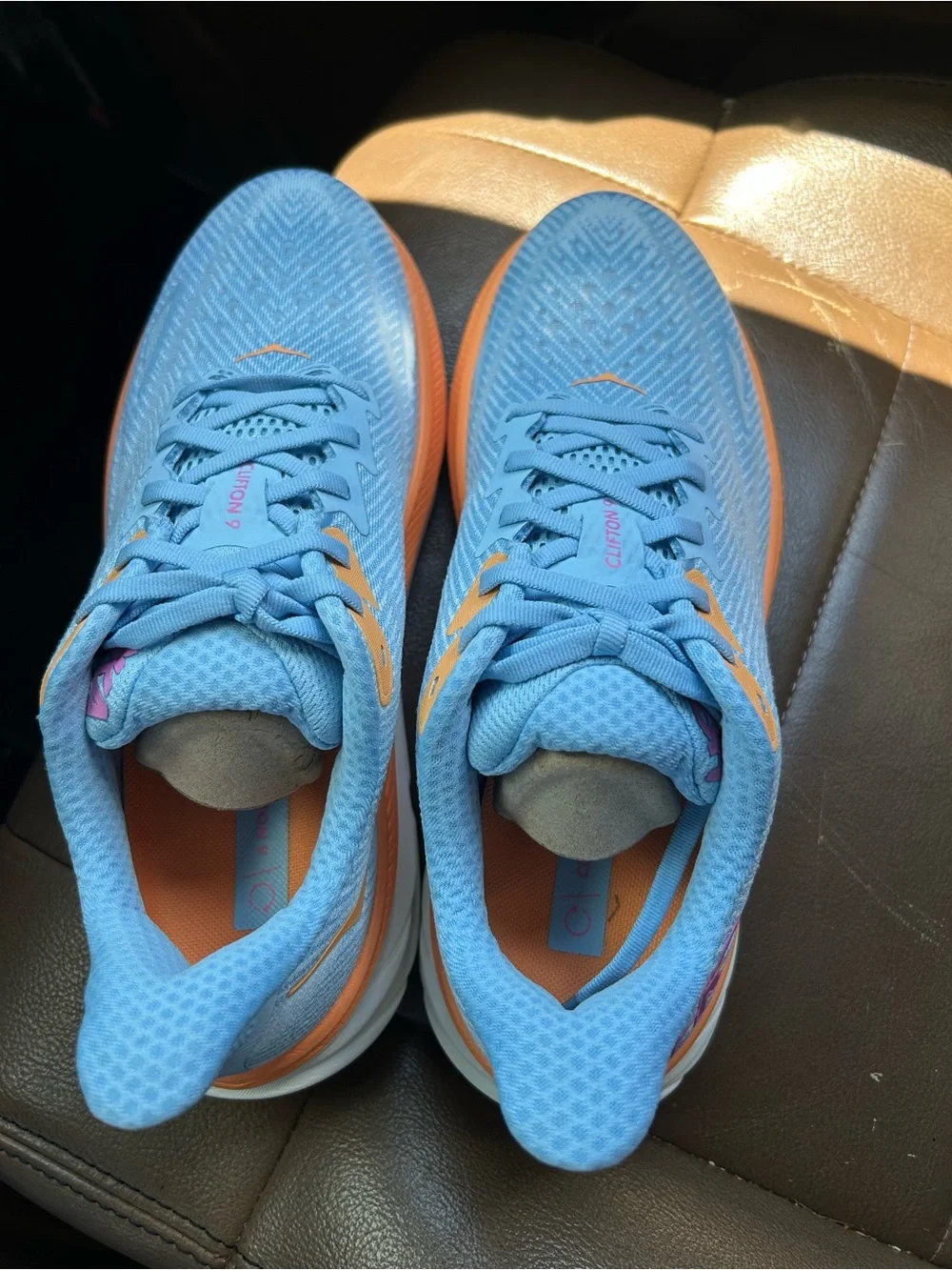 Hokas Light Blue and Peach Women's Running Shoes